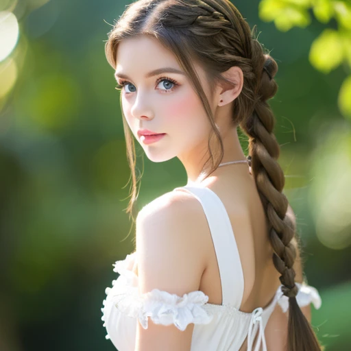 young woman with her hair tied back、White Fantasy Costume、ligh brown hair、Green eyes