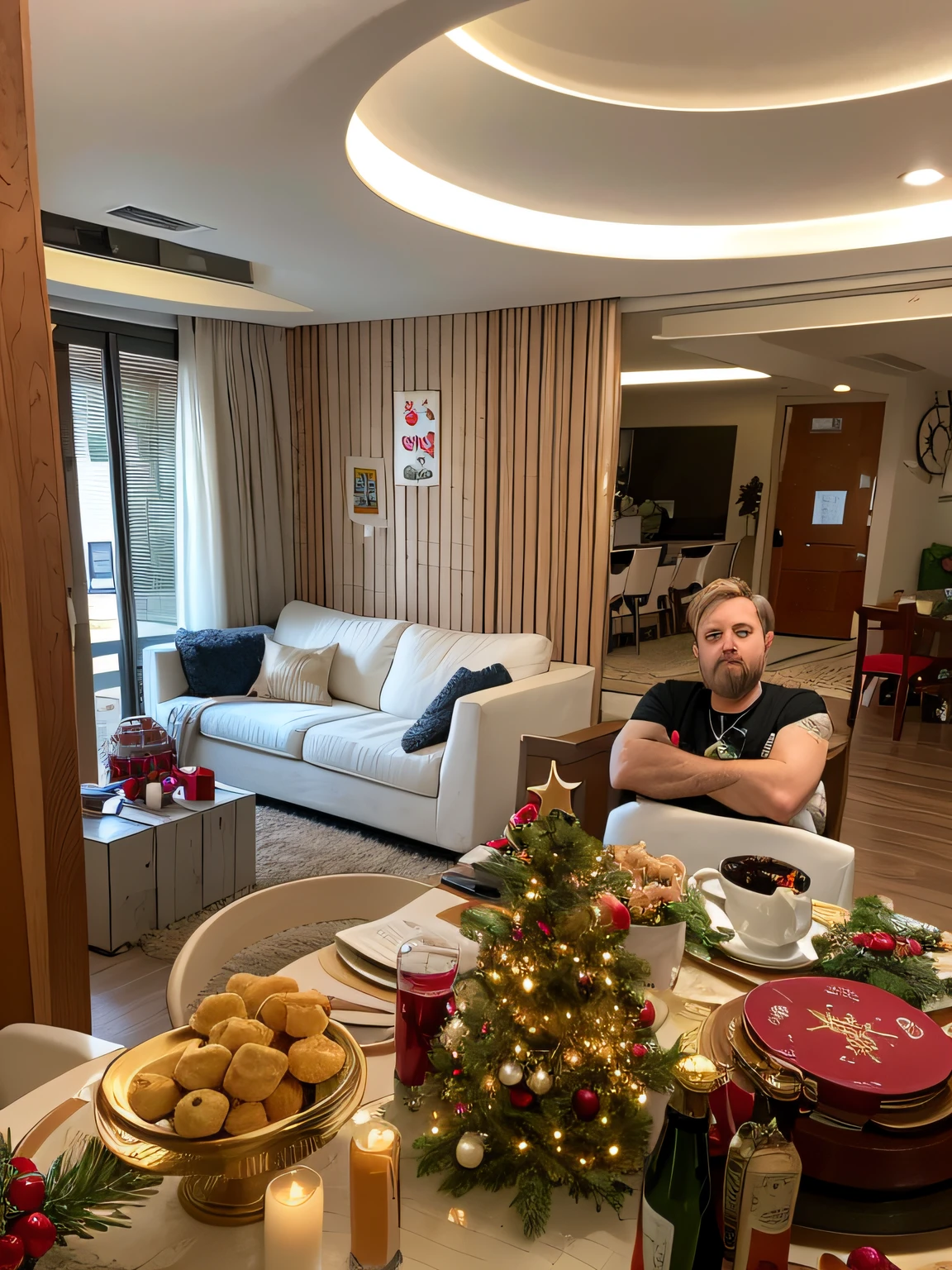 There is a table with a teddy bear and Christmas decorations, lots of decoration and furniture, exploitable image, Directed by: Felipe Seade, Directed by: David Rubi, Directed by: Luis Miranda, Directed by: Emerson Silva, Directed by: Ivan Ranger, cena detalhada, Directed by: Samuel Silva, Directed by: Fletcher Martins, por Romain brook, holiday season, Directed by: Nandor Soldier , agora coloque o Kevin (Macauli Kalkin) do filme esqueceram de mim na imagem