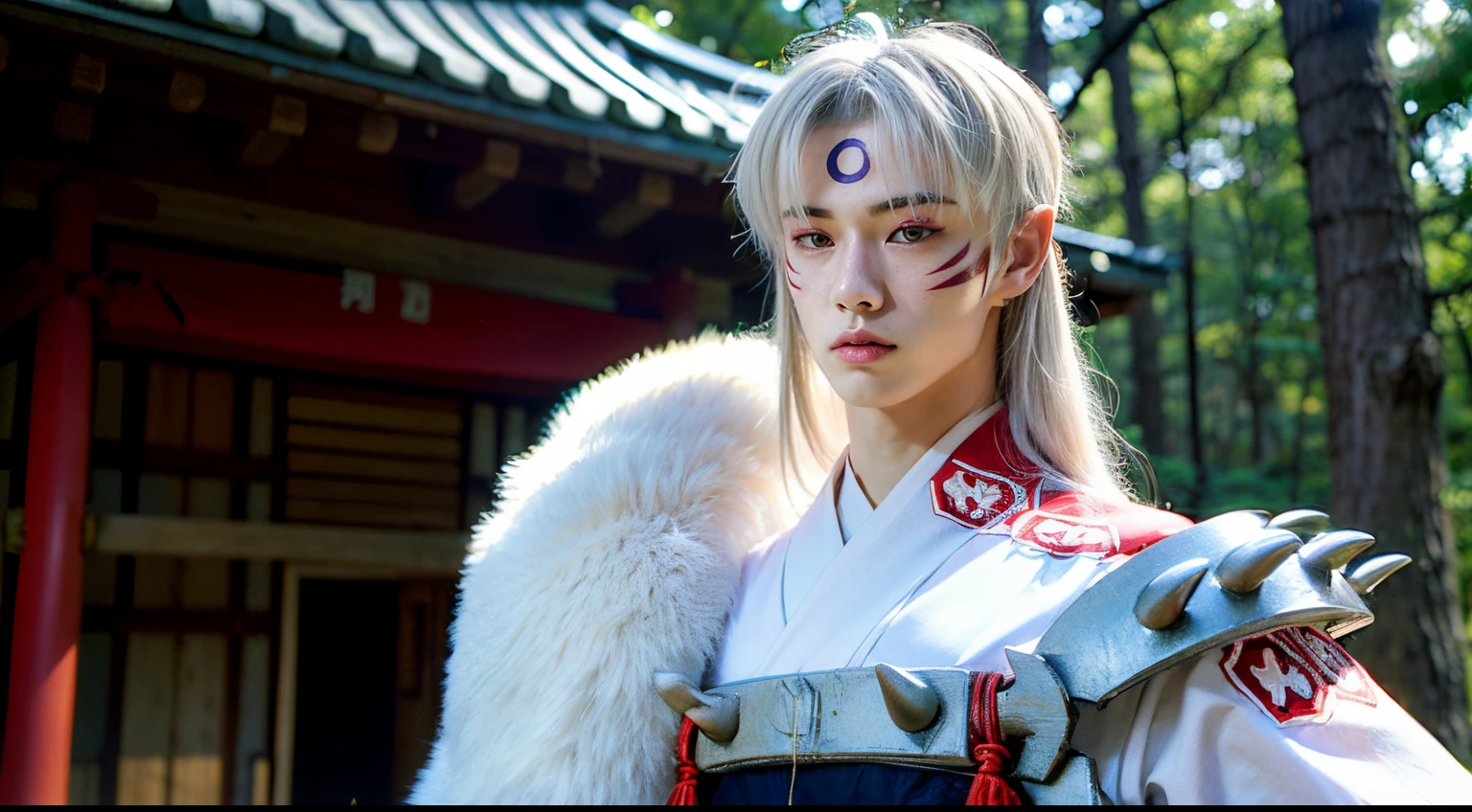 (a young man), sesshomaru, ((upper body, head turned to the side)), japanese forest with a shrine in the background,daytime, standing, smooth skin, ((19 years old)), white hair, solo, 1boy