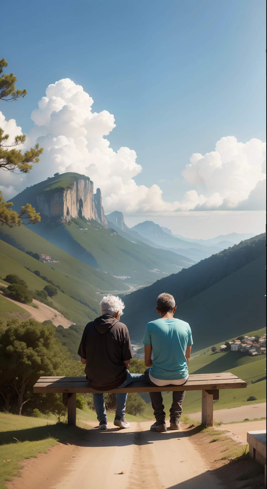 Uma imagem de um velho e um jovem sentados em um banco no meio de uma trilha ao lado de uma paisagem deslumbrante, enquanto o mais velho compartilha seus conhecimentos sobre a vida
