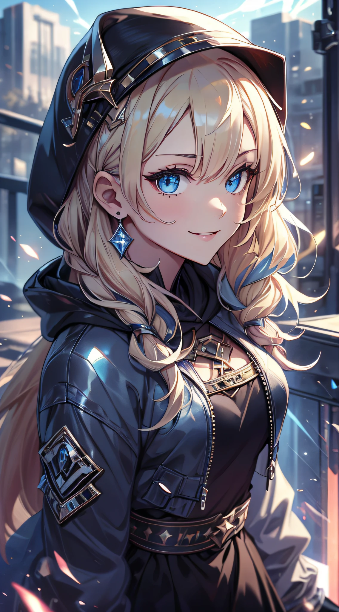 top-quality、Top image quality、masterpiece、s girl((Wearing a hood、Black hoodie with open chest、Black skirt、18year old、 Ager、Best Bust、big bast,Beautiful light blue eyes, Long Blonde Hair、A slender,Large valleys、Reflecting the whole body、Laugh、The best smile、dye one's cheeks red、stare、the eyes are shining、piece sign)),hiquality、Beautiful Art、Background with((On the rooftop、Beautiful Meteor、Yuki))masterpiece、depth of fields,