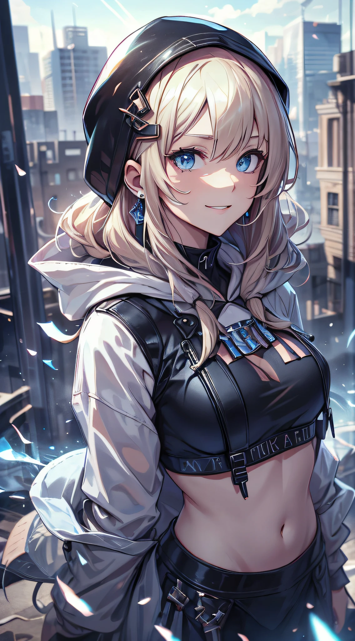 top-quality、Top image quality、masterpiece、teens girl((Wearing a hood、Black hoodie with open chest、Black skirt、18year old、 Ager、Best Bust、big bast,Beautiful light blue eyes, Long Blonde Hair、A slender,Large valleys、Reflecting the whole body、Laugh、The best smile、dye one's cheeks red、stare、the eyes are shining、piece sign)),hiquality、Beautiful Art、Background with((On the rooftop、Beautiful Meteor、Yuki))masterpiece、depth of fields,