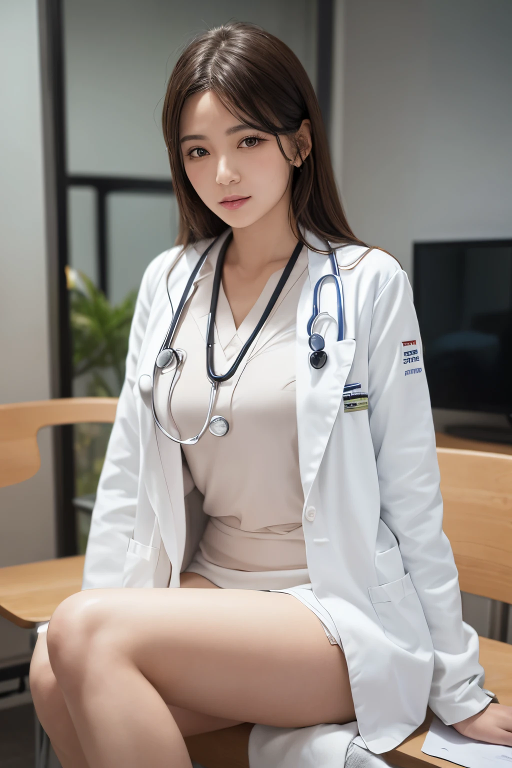8K, nffsw, (hyper realstic:1.4),1 woman, (Super beautiful), (Beauty:1.5), doctor, (Clothing:1.3), (Doctor's White Coat:1.5), White shirt, (Miniskirt:1.3 ), Sitting on a chair in the examination room, (stethoscope), Smiling, lip stick, Full body capture, Whole body, Legs wide open, Legs spread, looking in camera, Detailed eyes, beutiful breast:1.4),(detailed facial features), (extremely intricate, exquisitely detailed), (film grain, Fujifilm XT3), extremely detailed eyes and face, beautiful detailed eyes, light on face, cinematic lighting ((looking_at_another)), 1girl, solo,