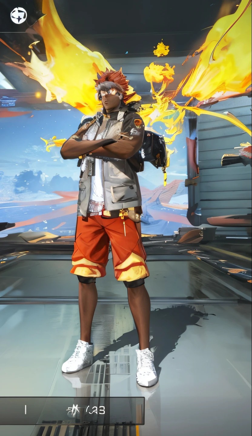 a close up of a person standing in a room with a fire, mechanic punk outfit, tane skin, lunar themed attire, full body picture, multilayered outfit, full dress of lava showcase, chrome outfit, full body shot hyperdetailed, full body! shot, fullbody shot, fluffy orange skin, deep pyro colors