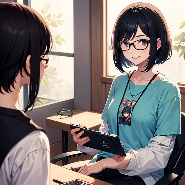 Short black hair, glasses, bob hair, loose wavy hair, smiling, looking straight ahead, playing a Switch game, in the room, alone, upper body, otaku