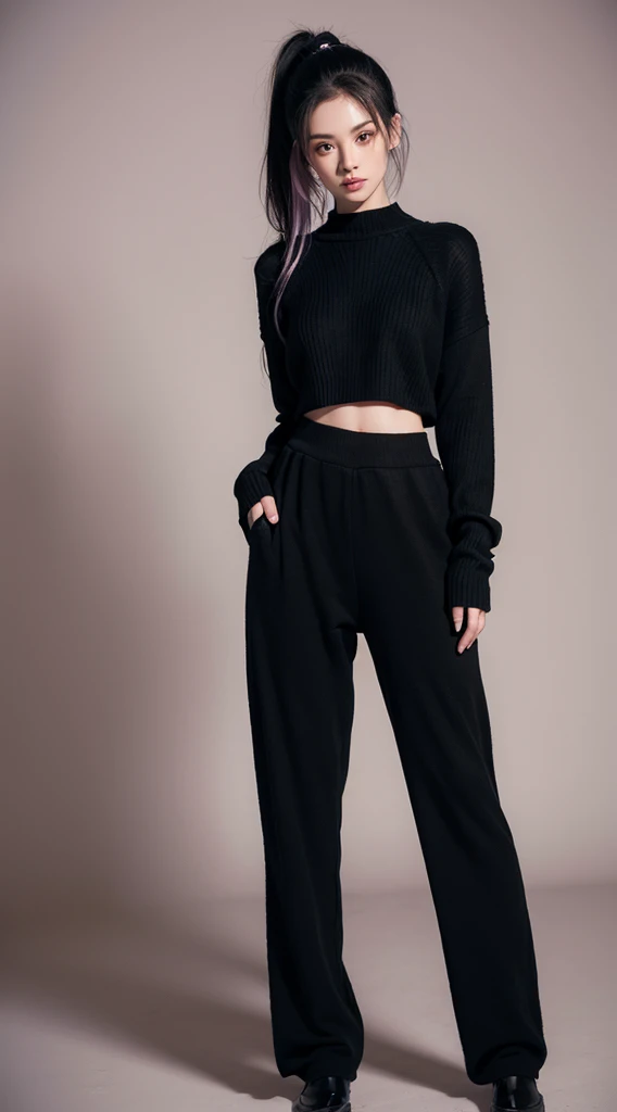 A beautiful woman standing, wearing (( black sweater, jersey pants)), pale skin, smooth pale skin, skin tune pink, perfect body, detailed body, cute face, white hair, ponytail hair, super detailed, 8k