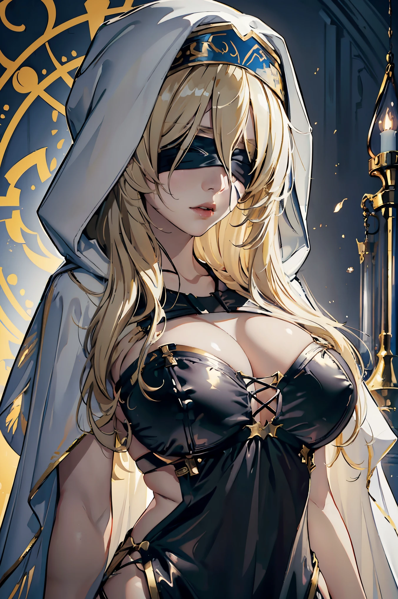 (masterpiece, top quality, best quality, official art, beautiful and aesthetic:1.2), 1girl, priestess, long light blonde hair, messy hair, (wearing black blindfold:1.3), large breasts, cleavage, (white revealing robe, gold trim), (white hood:1.2), extreme detailed, colorful, perfect face, upper body, HDR, (light streaks), striking visuals, vibrant colors, temple background