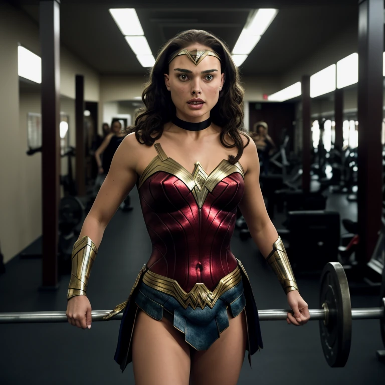 Una mujer disfrazada de maravilla sosteniendo una barra en un gimnasio., Gal Gadot as the Lord of Hell, Fotograma de Gal Gadot, Gal Gadot como Wonder Woman, Dwayne Johnson como Wonder Woman, cinematic goddess body shot, Vestida como Wonder Woman, Retrato de Wonder Woman, Mujer Maravilla, cinematic body shot, Margot Robbie como Wonder Woman, Gal Gadot