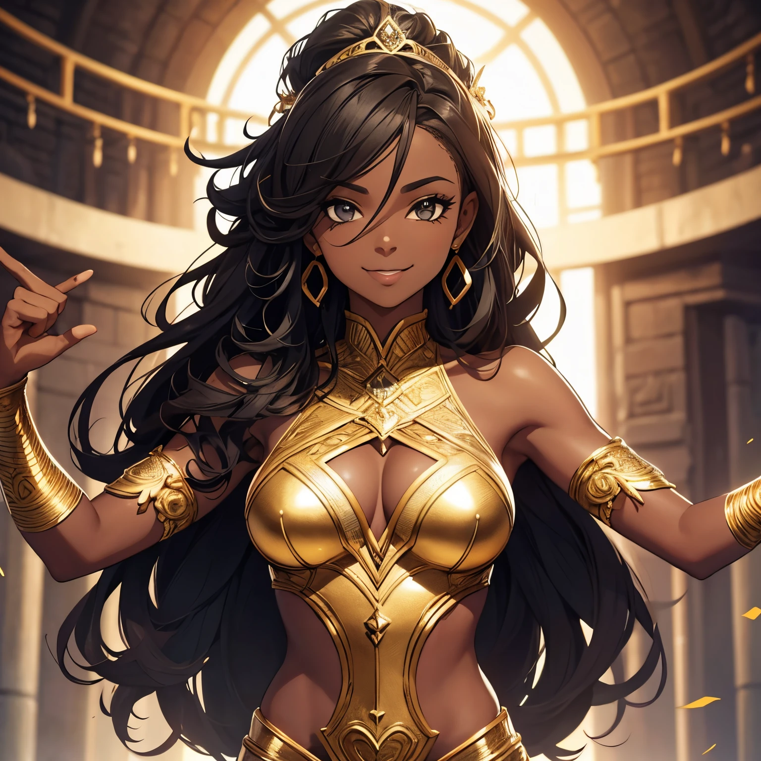 1 mulher negra. Cabelo preto comprido e liso. Deusa. Roupas de luta africana em couro, pretas com detalhes em ouro. Tatuagens tribais pelo corpo. Olhar imponente. Olhos dourados e brilhantes. Olhos detalhados. Sorrindo. athletic. Corpo inteiro. Postura imponente