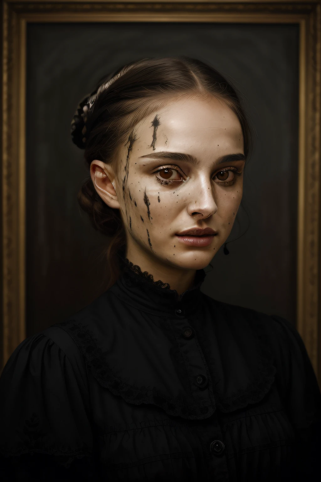 hyperdetailed coalpunk portrait of woman natpor with a coal stains on her face showing forced work taken with a Nikon Z9 camera, stuck inside a painting,