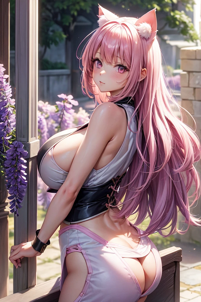 1girl in, Solo, Cute girl with pink hair, Pink eyes, Wisteria flower background, Soft natural light, Cat ears, Sleeveless white shirt,((huge tit), s ass, from the rear,Shōsei,Guillotine,