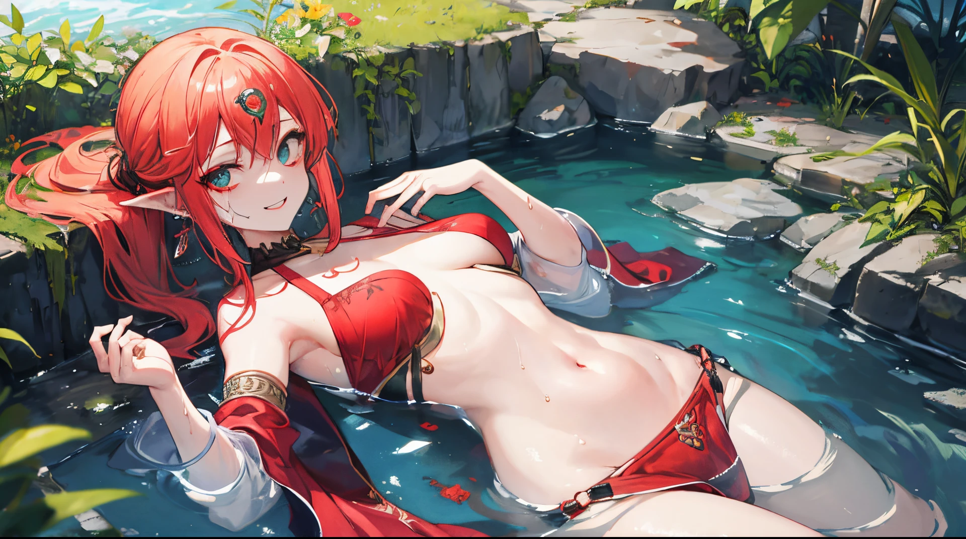 zombie greedily tearing flesh. link, Gerudo set ,detached sleeves ,an oasis,water, Wet, the sweat,looking a viewer, sparkly skin, bellybutton ,Transparent, Smile Masterpiece, hiquality,
