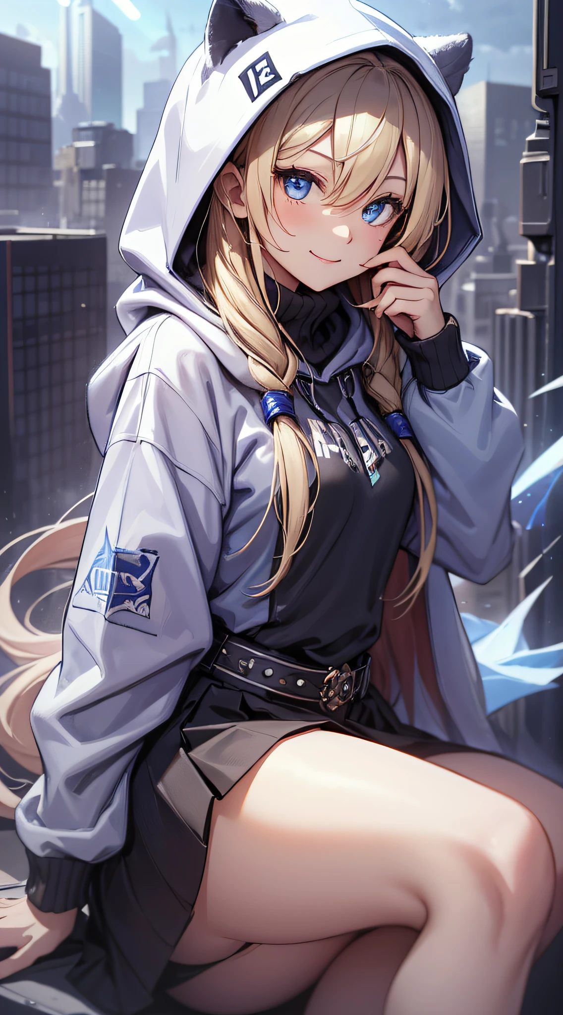 top-quality、Top image quality、masterpiece、teens girl((Wearing a hood、Black hoodie with open chest、Black skirt、18year old、 Ager、Best Bust、big bast,Beautiful light blue eyes, Long Blonde Hair、A slender,Large valleys、Reflecting the whole body、Laugh、The best smile、dye one's cheeks red、stare、the eyes are shining、piece sign)),hiquality、Beautiful Art、Background with((On the rooftop、Beautiful Meteor、Yuki))masterpiece、depth of fields,