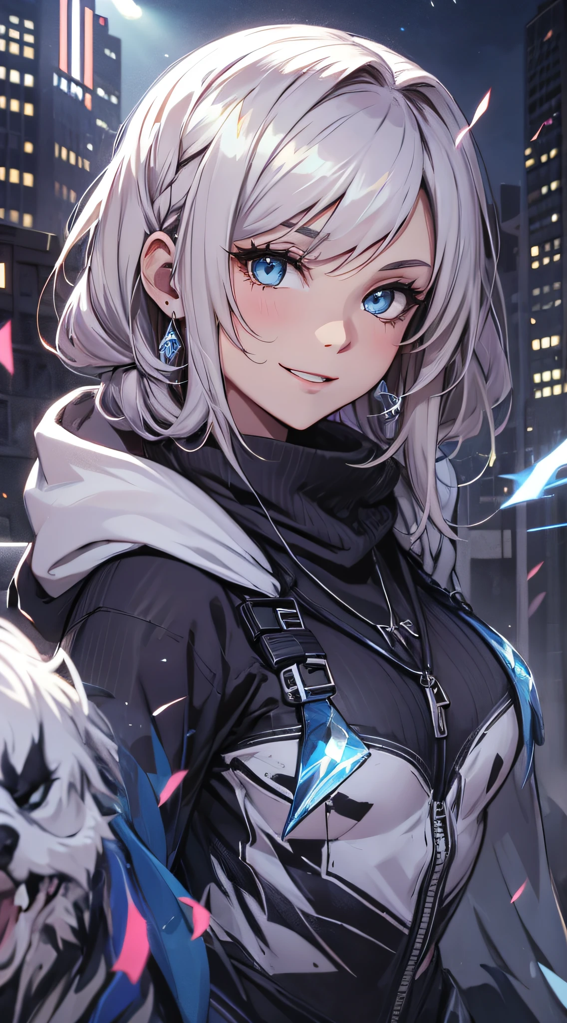 top-quality、Top image quality、masterpiece、s girl((Wearing a hood、Black hoodie with open chest、Black skirt、18year old、 Ager、Best Bust、big bast,Beautiful light blue eyes, Long Blonde Hair、A slender,Large valleys、Reflecting the whole body、Laugh、The best smile、dye one's cheeks red、stare、the eyes are shining、piece sign)),hiquality、Beautiful Art、Background with((On the rooftop、Beautiful Meteor、Yuki))masterpiece、depth of fields,
