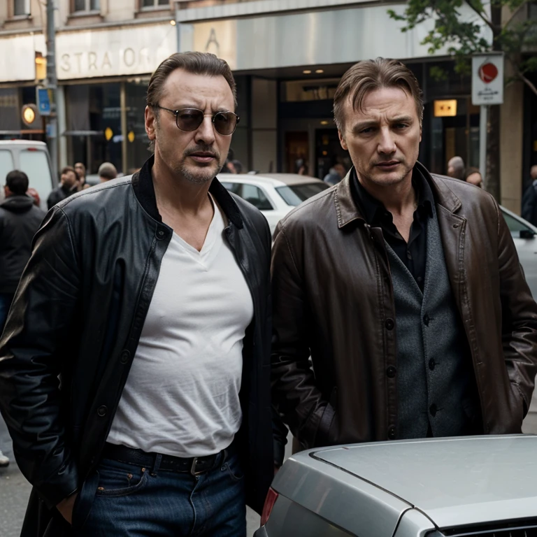 The actors Jean Reno and Liam Neeson, realistic, 4k