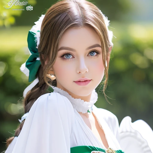 young woman with her hair tied back、White Fantasy Costume、ligh brown hair、Green eyes