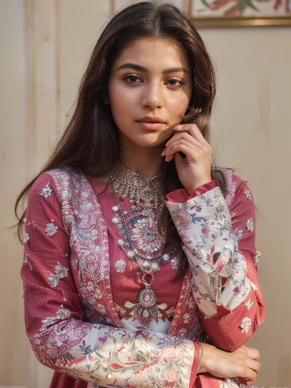 (Best quality, Ultra-detailed, Masterpiece:1.5), Photorealistic photograph of a beautiful pakistani woman. The woman should have a flawless, highly detailed face (Highly Detailed Skin) with soft, luminous skin. Her long hair should be naturally brown and stylishly arranged. (Perfect Eyes:1.2). The photography should feature high-quality film grain (ISO 400, 30mm lens RAW f1.8 aperture.