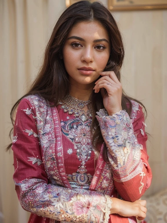 (Best quality, Ultra-detailed, Masterpiece:1.5), Photorealistic photograph of a beautiful pakistani woman. The woman should have a flawless, highly detailed face (Highly Detailed Skin) with soft, luminous skin. Her long hair should be naturally brown and stylishly arranged. (Perfect Eyes:1.2). The photography should feature high-quality film grain (ISO 400, 30mm lens RAW f1.8 aperture.