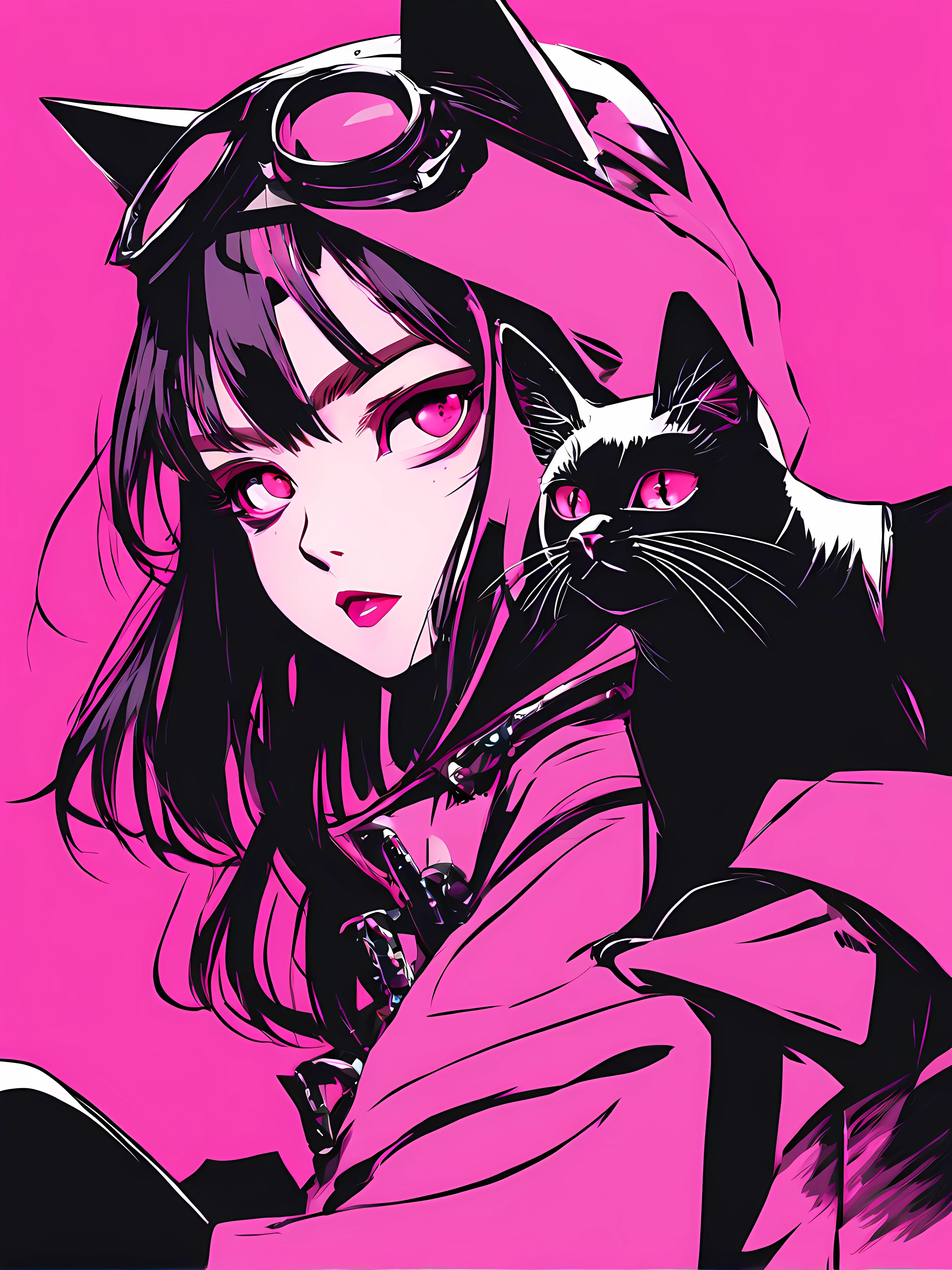 Anime girl with black cat on pink background, Portrait of goth cat girl, cat woman, Anime style illustration, Anime style 4k, anime style portrait, Ilya Kuvshinov Sti. 4K, cat woman, Artyom and Ilya Kuvshinov, Emo girl and her , beautiful anime catgirl, style of anime, style of anime. 8K