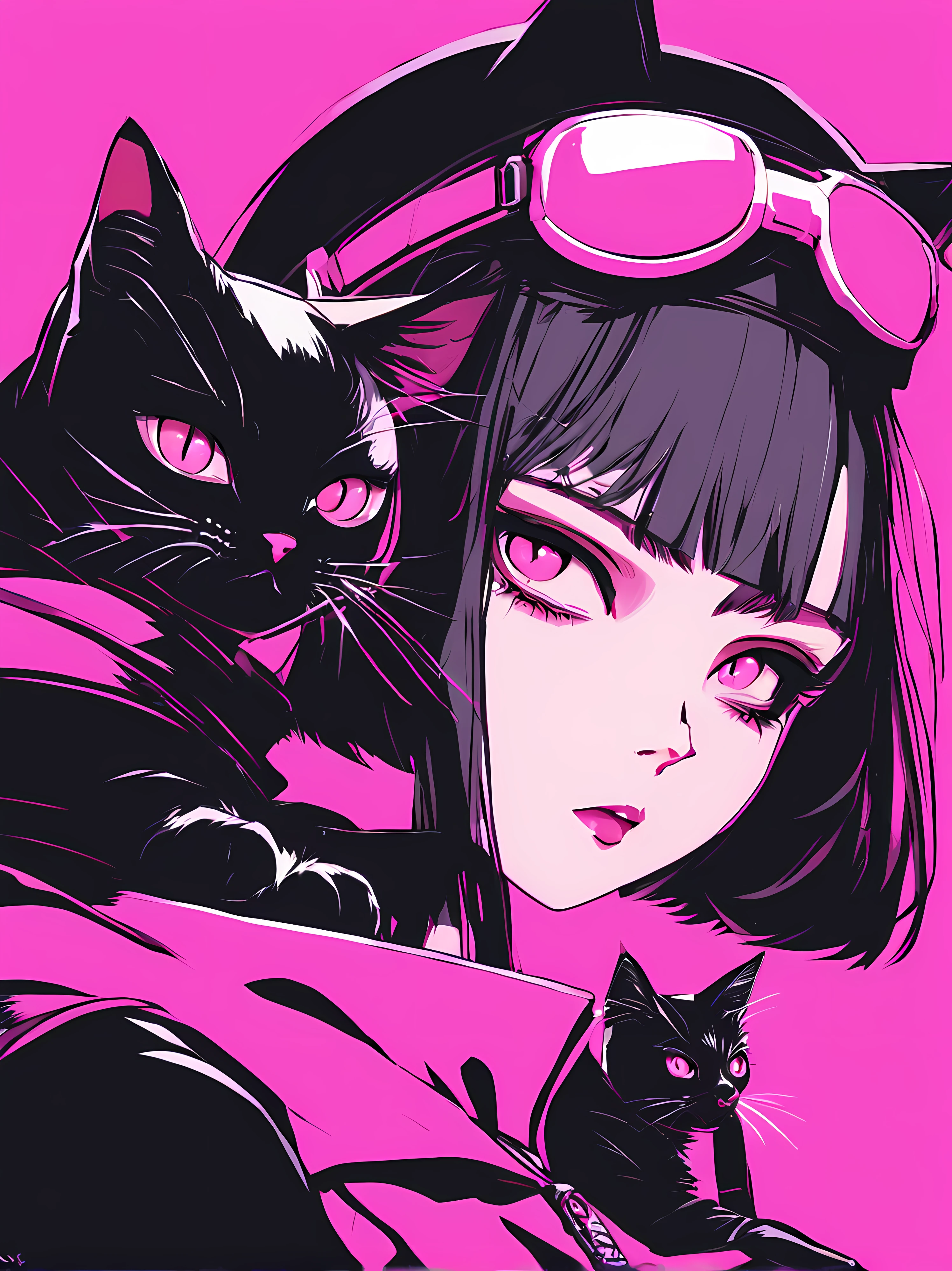 Anime girl with black cat on pink background, Portrait of goth cat girl, cat woman, Anime style illustration, Anime style 4k, anime style portrait, Ilya Kuvshinov Sti. 4K, cat woman, Artyom and Ilya Kuvshinov, Emo girl and her , beautiful anime catgirl, style of anime, style of anime. 8K