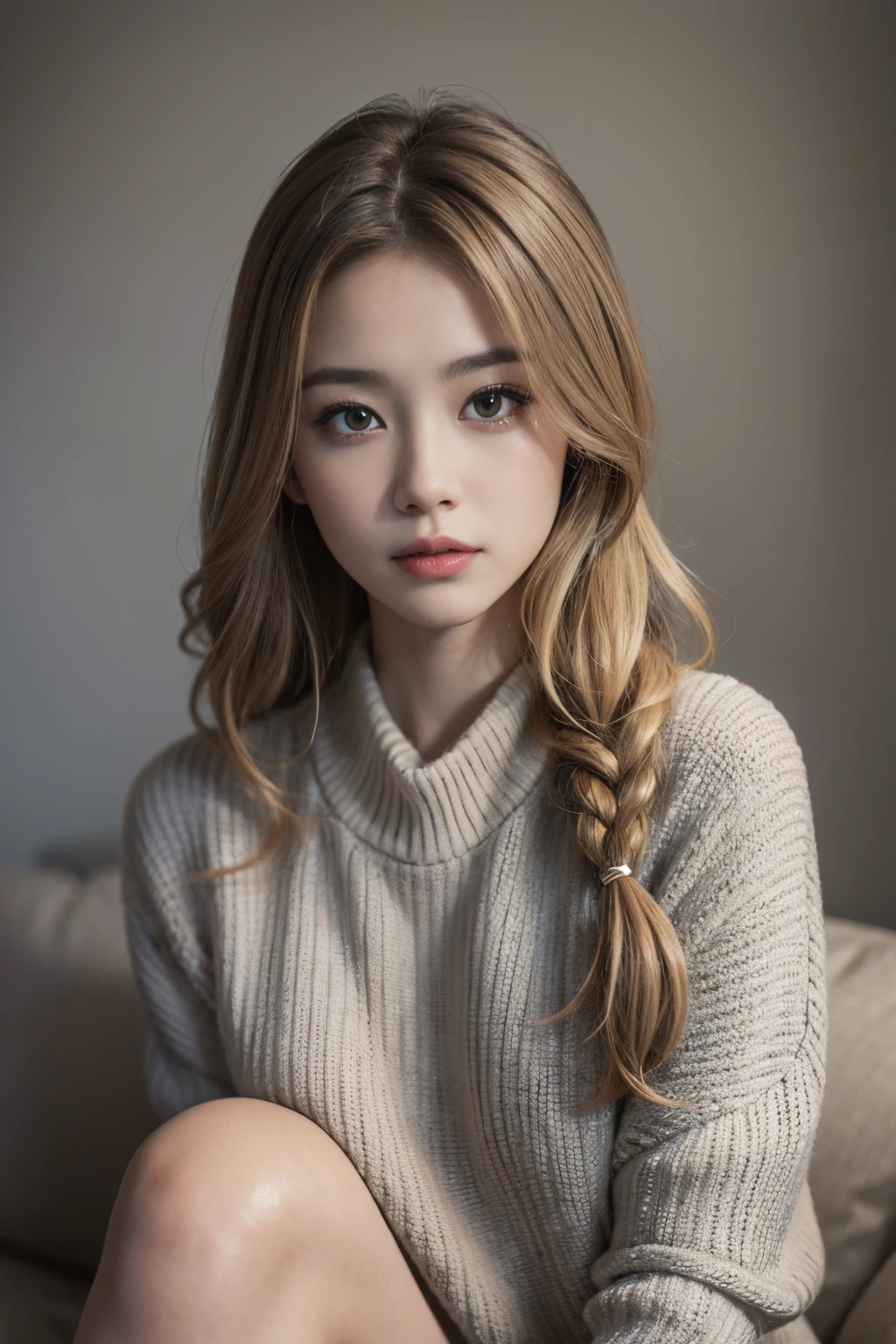 (masutepiece:1.3), (8K, Photorealistic, Raw photo, Best Quality: 1.4), (((A Japanese Lady))), super model, (1girl in), Beautiful face, (Realistic face), (Long Blonde Hair), Beautiful hairstyle, Realistic eyes, Beautiful detailed eyes (Yellow eyes), (Realistic skin), Beautiful skin, (Sweaters), absurderes, Attractive, 超A high resolution, A hyper-realistic, Highly detailed, Golden ratio, 23years old, full body Esbian