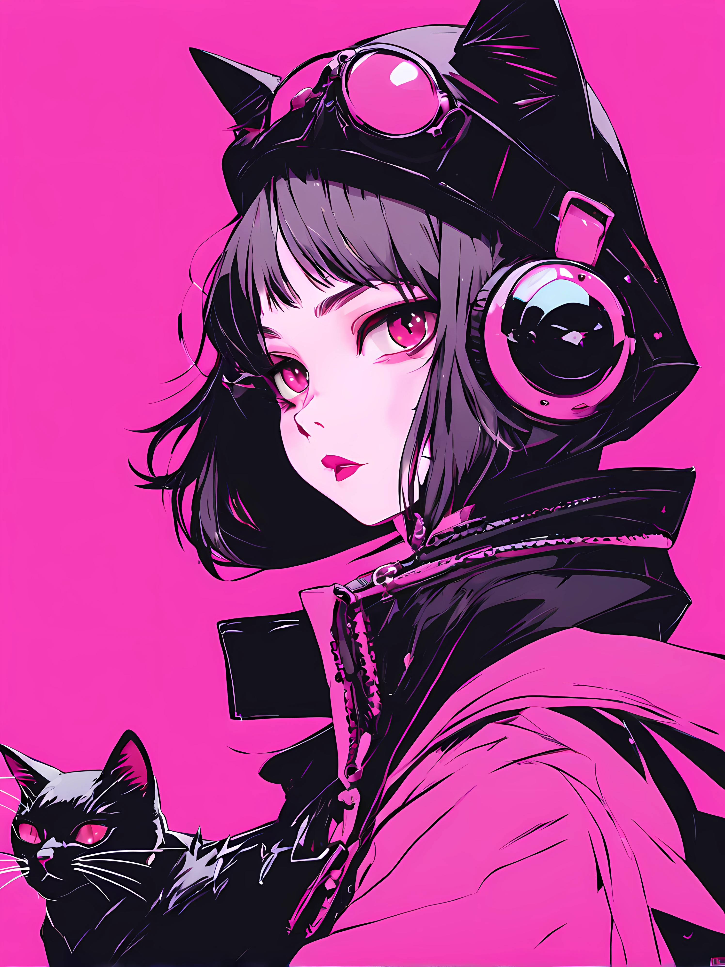 Anime girl with black cat on pink background, Portrait of goth cat girl, cat woman, Anime style illustration, Anime style 4k, anime style portrait, Ilya Kuvshinov Sti. 4K, cat woman, Artyom and Ilya Kuvshinov, Emo girl and her , beautiful anime catgirl, style of anime, style of anime. 8K