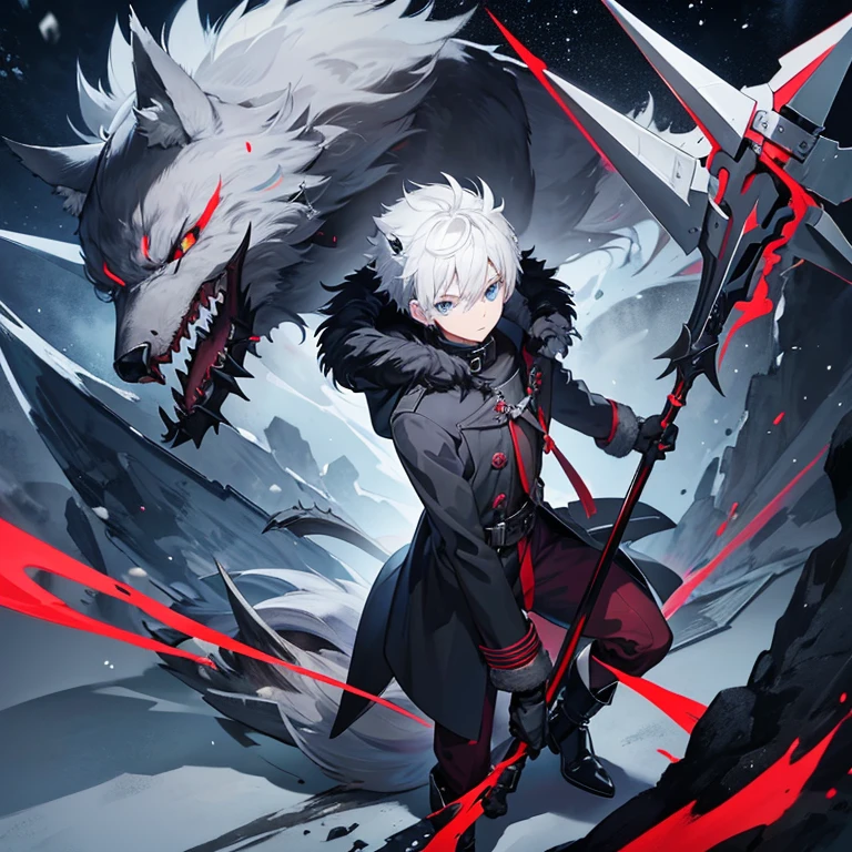 anime boy, short grey spikey hair, blue eyes, dark grey coat, fur collar, black boots, polearm, red wolf spirit