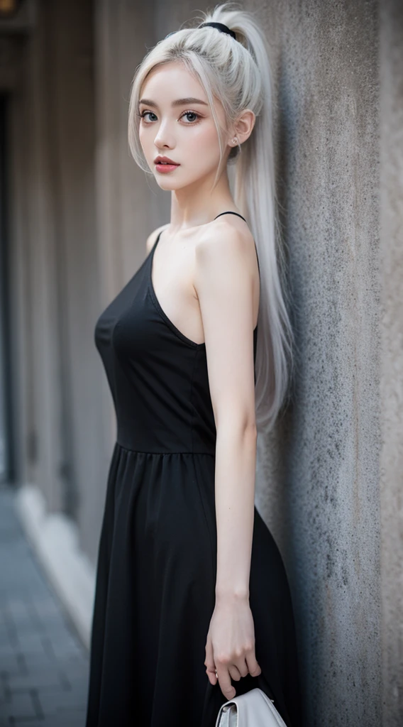 A beautiful woman standing, wearing ((black dress)), pale skin, smooth pale skin, skin tune pink, perfect body, detailed body, cute face, white hair, ponytail hair, super detailed, 8k