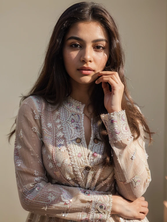 (Best quality, Ultra-detailed, Masterpiece:1.5), Photorealistic photograph of a beautiful pakistani woman. The woman should have a flawless, highly detailed face (Highly Detailed Skin) with soft, luminous skin. Her long hair should be naturally brown and stylishly arranged. (Perfect Eyes:1.2). The photography should feature high-quality film grain (ISO 400, 30mm lens RAW f1.8 aperture.