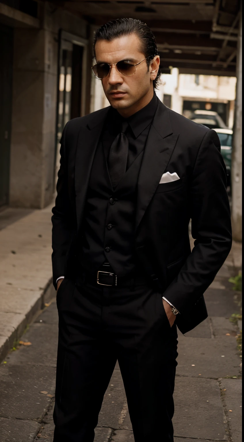 Um jovem mafioso chamado Rocky Mafia, mob boss, com cabelo curto e espetado, vestindo roupas pretas