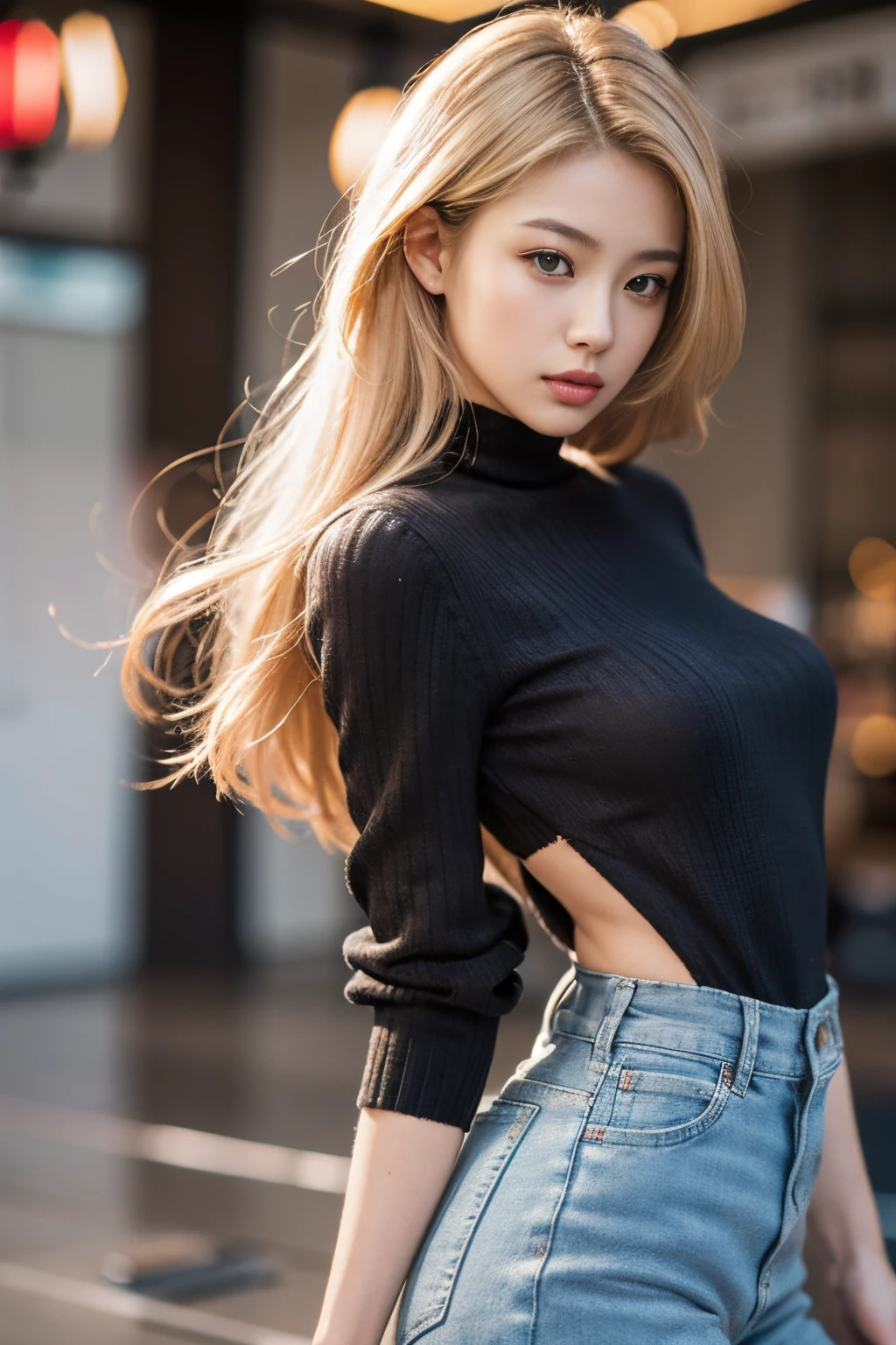 (masutepiece:1.3), (8K, Photorealistic, Raw photo, Best Quality: 1.4), (((A Japanese Lady))), super model, (1girl in), Beautiful face, (Realistic face), (Long Blonde Hair), Beautiful hairstyle, Realistic eyes, Beautiful detailed eyes (Yellow eyes), (Realistic skin), Beautiful skin, (Sweaters), absurderes, Attractive, 超A high resolution, A hyper-realistic, Highly detailed, Golden ratio, 23years old, full body Esbian