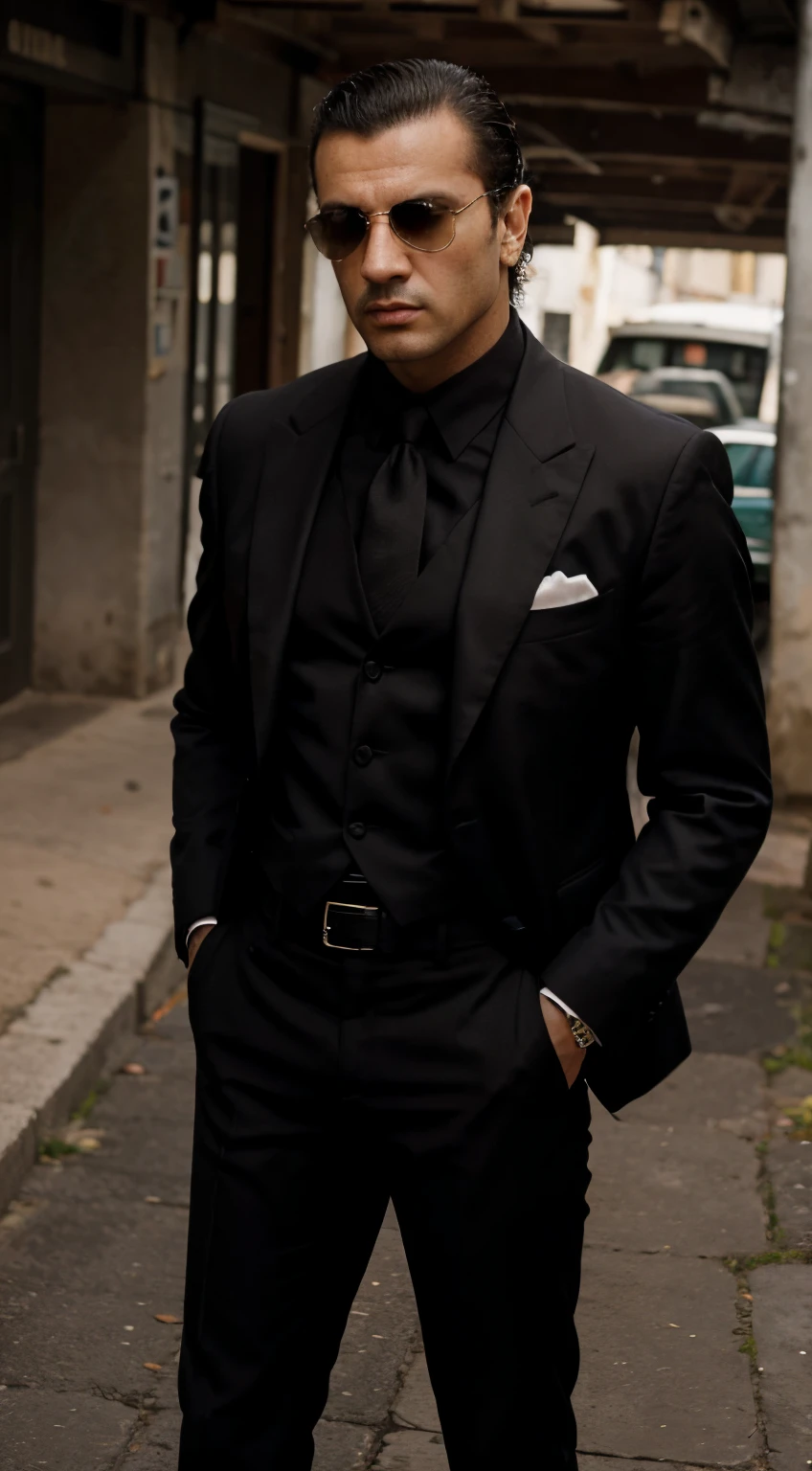 Um jovem mafioso chamado Rocky Mafia, mob boss, com cabelo curto e espetado, vestindo roupas pretas