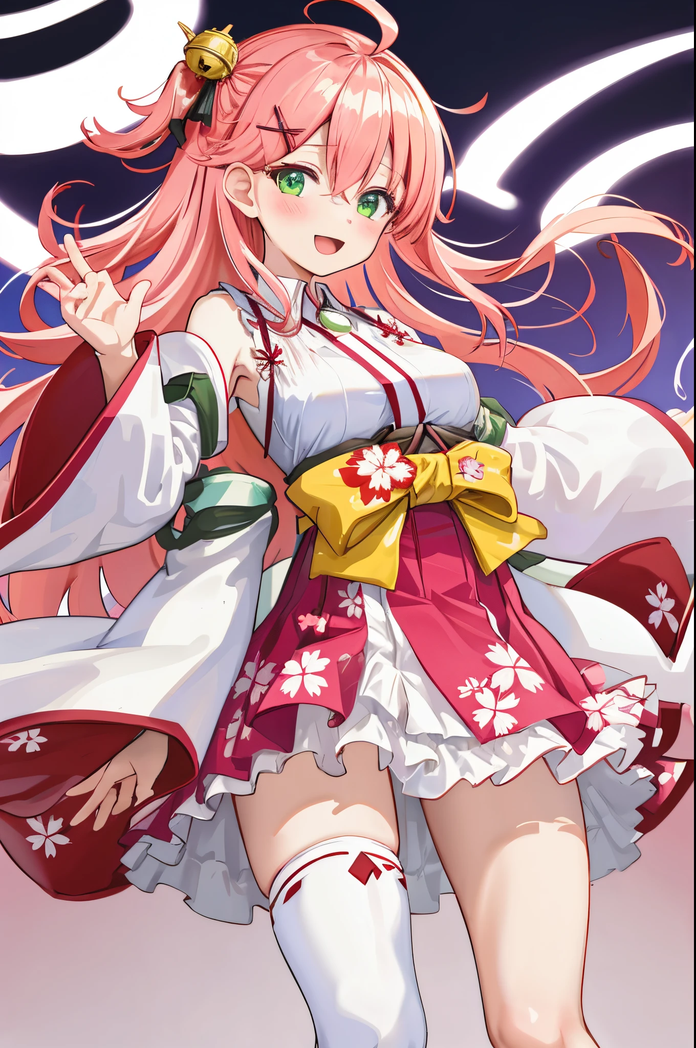 masterpiece, best quality, highres, sakura_miko, 1girl, (loli:1.3),medium_breasts, kimono, solo, ahoge, x_hair_ornament, pink_hair, floral print, hairclip,(side_less_clothes:1.3), (side_breasts:1.3), hair_bell, floral print, long_hair, hair between eyes, one side up, white_thighhighs, wide sleeves, open_mouth,(happy:1.3),green_eyes,smile,apart_legs,(overly_long_sleeves:1.3),),sleeves_past_wrists,hands_hidden_sleeves,sidelock_clothes,solo,hidden_wrists,(XD:1.5),covered_nipples,sunlight,(bare_flank:1.3),boots,open_mouth,kimono,