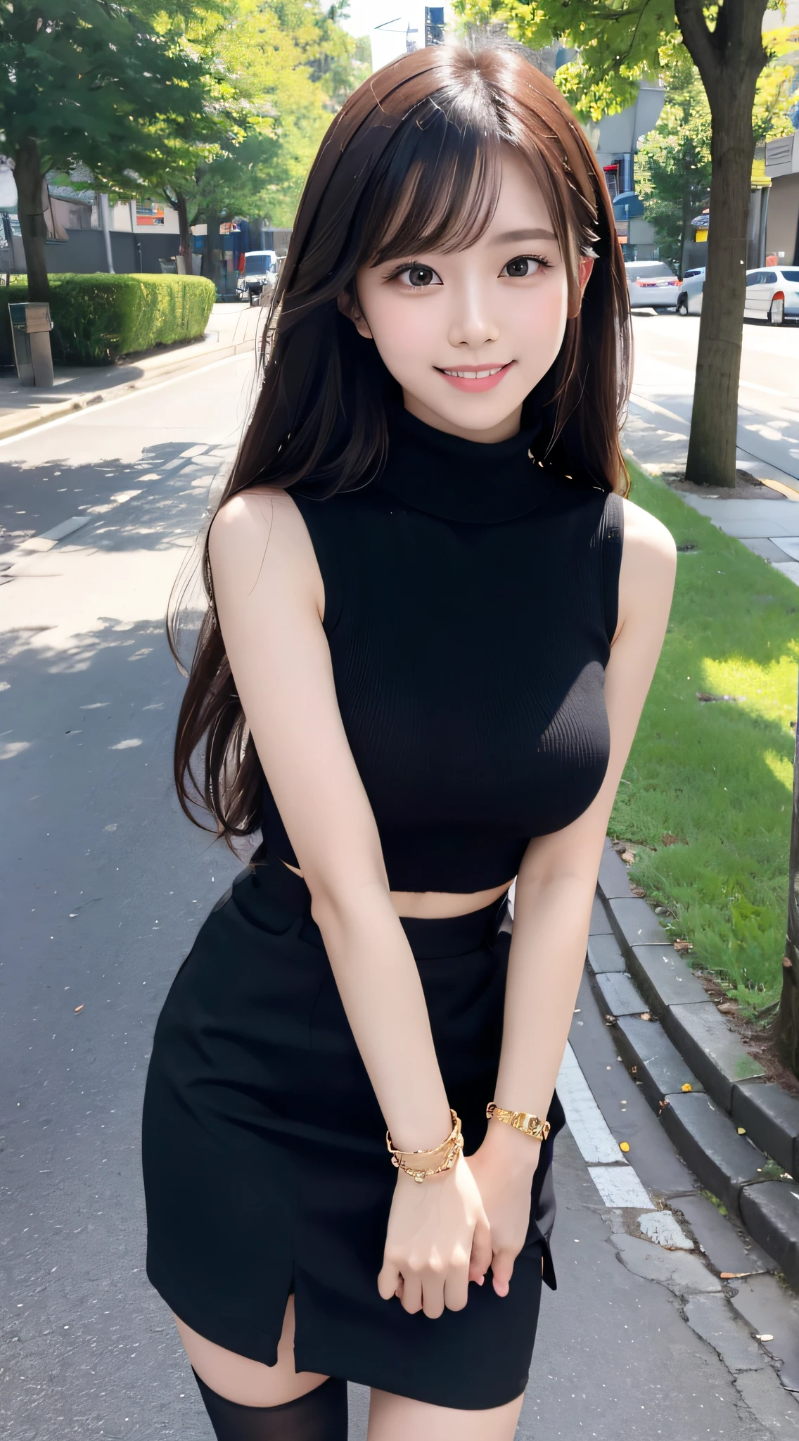 1girl in, 24 year old,(11 head body:2.0),(beauty legs:2.0),(Refreshing smile:1.2),(Look at viewers:1.1),straight haired, Long hair, (hide one's hands:2.0) 、(Large bracelet:1.2)、High neck sleeveless knit, (Black tight skirt:1.5),(Black stockings), (a japanese girl, hposing Gravure Idol), 、(Street Trees:1.2), 135 mm, Fuji Film,