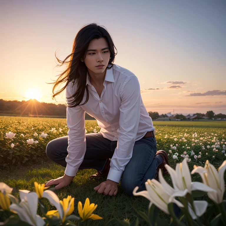 Gentle young male man, full body, delicate long black hair, kneeling down on a field of beautiful roses and lilies, best quality, sunrise color scheme, arms on ground, tired face, quarter view perspective