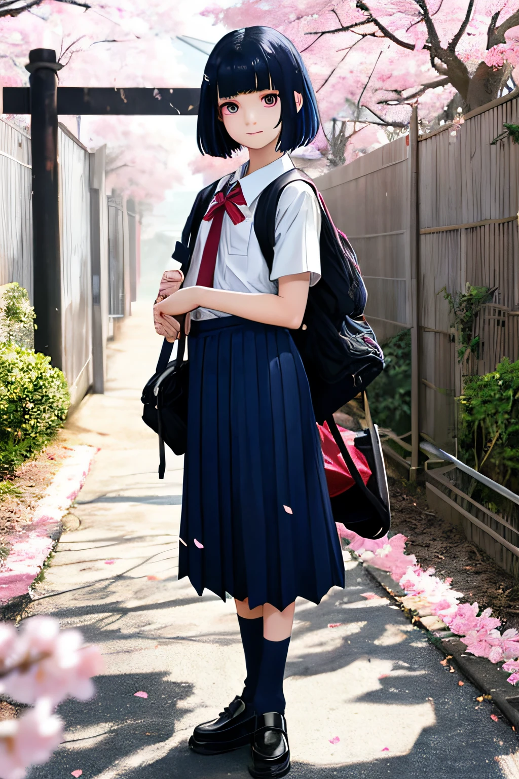 {{{{{{A high school student and an elementary school sister are standing side by side...}}}}}}、{{{{{{Man in Uniform}}}}}}、Male and female pairs、A dark-haired、Black eyes、cleopatra hairstyle、Cut the bangs parallel to each other、 Blue sailor suit、long skirt、baggy clothes、School bag、 Full body、tiny chest、short legs、kindly smile、red tide、 {{{{{{The background is the school gate of a Japanese high school..}}}}}}、springtime、The cherry tree、Cherry blossom petals flutter、hight resolution、Unity 8k壁纸、Professional、extra detailed face、Perfect Lighting、 extremely details CG、(Perfect hands、Perfect Anatomy)、white sock、