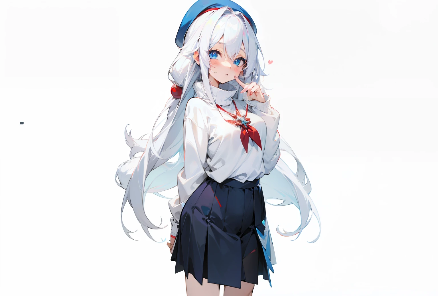 anime girl with long white hair and blue eyes in a knit wool sweater shirt with red beret hat, girl with white hair, perfect white haired girl, anime visual of a cute girl, white haired deity, anime moe artstyle, white haired, with index finger, young anime girl, anime girl with long hair, official character art, smooth anime cg art, cute anime girl, an anime girl