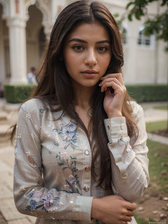 (Best quality, Ultra-detailed, Masterpiece:1.5), Photorealistic photograph of a beautiful pakistani woman at a scenic location. The woman should have a flawless, highly detailed face (Highly Detailed Skin) with soft, luminous skin. Her long hair should be naturally brown and stylishly arranged. (Perfect Eyes:1.2). The photography should feature high-quality film grain (ISO 400, 30mm lens RAW f1.8 aperture.