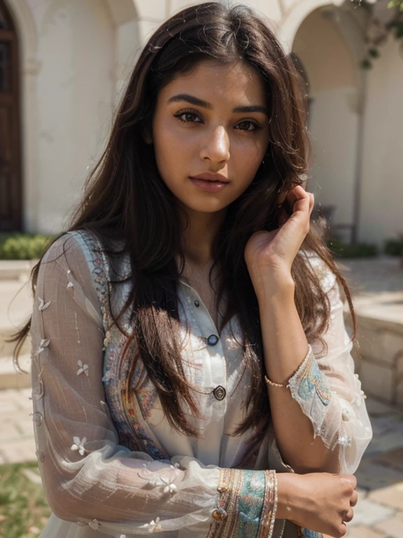 (Best quality, Ultra-detailed, Masterpiece:1.5), Photorealistic photograph of a beautiful pakistani woman at a scenic location. The woman should have a flawless, highly detailed face (Highly Detailed Skin) with soft, luminous skin. Her long hair should be naturally brown and stylishly arranged. (Perfect Eyes:1.2). The photography should feature high-quality film grain (ISO 400, 30mm lens RAW f1.8 aperture.