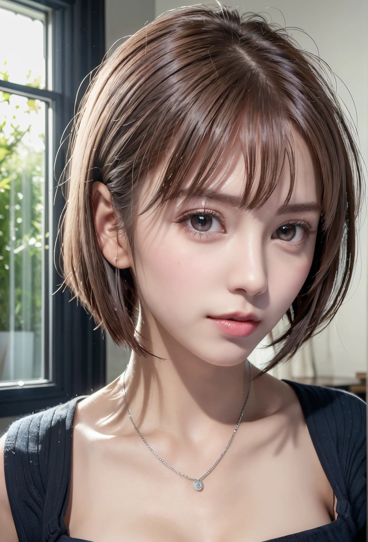 (8K, Photorealistic, Raw photo, of the highest quality: 1.3), (1girl in), Super beautiful, (Realistic face), (boyish, Silver Color Berry Shorthair), Beautiful , Glare that captivates the viewer, Beautiful expression, Beautiful breasts, (Realistic skin), Be...