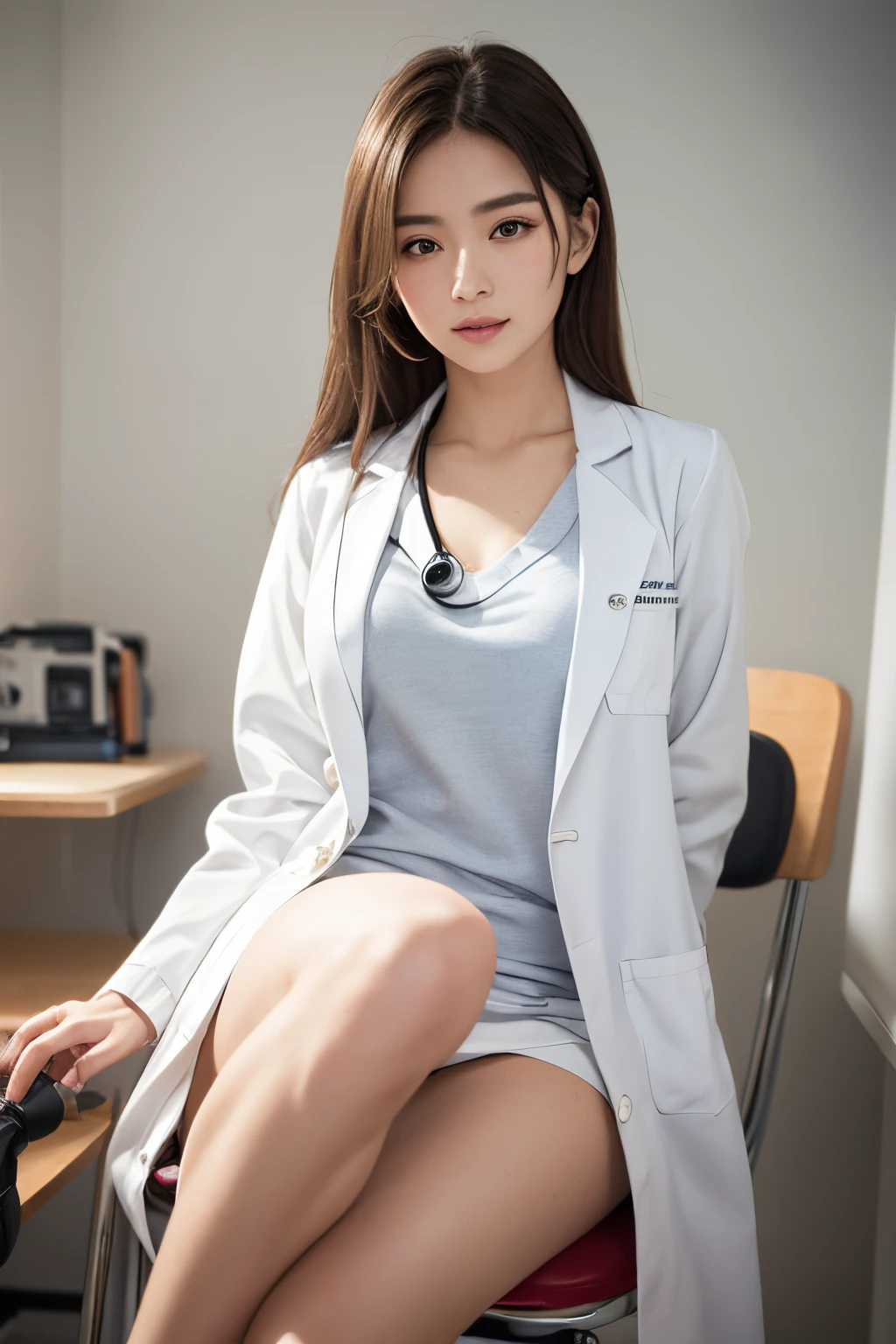 8K, nffsw, (hyper realstic:1.4),1 woman, (Super beautiful), (Beauty:1.5), doctor, (Clothing:1.3), (Doctor's White Coat:1.5), White shirt, (Miniskirt:1.3 ), Sitting on a chair in the examination room, (stethoscope), Smiling, lip stick, Full body capture, Whole body, Legs wide open, Legs spread, looking in camera, Detailed eyes, beutiful breast:1.4),(detailed facial features), (extremely intricate, exquisitely detailed), (film grain, Fujifilm XT3), extremely detailed eyes and face, beautiful detailed eyes, light on face, cinematic lighting ((looking_at_another)), 1girl, solo,