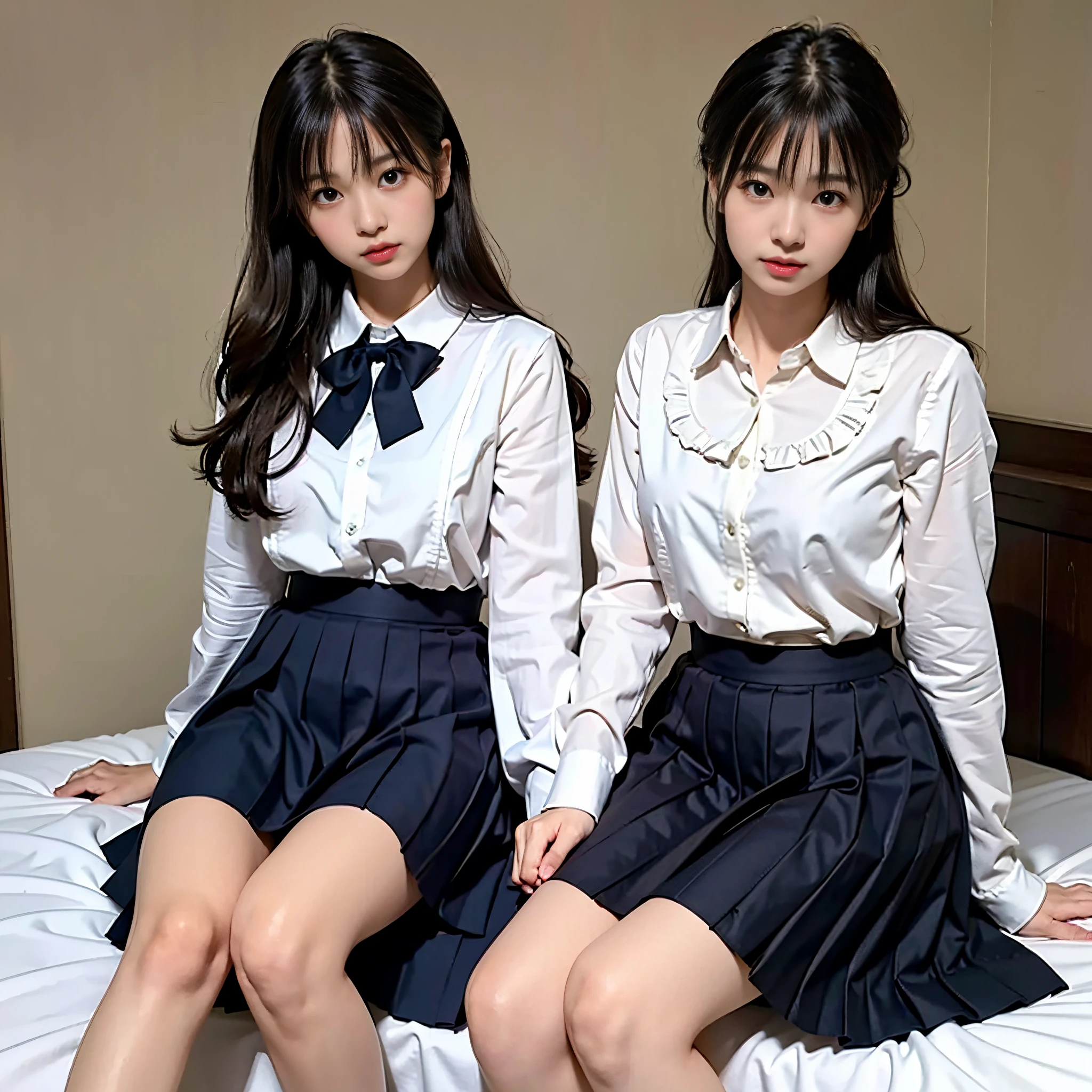 8K quality,(Photoreal: 1.4), (Hyperrealistic: 1.4), (Realistic: 1.3), (Smooth lighting: 1.05), (Improved Cinematic Lighting: 0.9), 32K, (In a dimly lit room)light grin,(1 Japanese woman), Age 22 years old,Realistic lighting, Backlight, Face Lights, Ray traching, (Bright light: 1.2), (Quality improvement: 1.4), ( Top quality realistic texture skin: 1.4), Fine Detailed Eyes, Detailed face, Fine quality eye, Dark brown eyes, Feeling a little shy,Feel optimistic and sunny(Medium to large round chest),(Tired, Sleepy and Satisfied: 0.0), Pale light, White blouse, Bow tie, Navy blue skirt, Silk white ankle socks,(did not wear panties),The edges roll up and wear out, Sit quietly on the bed
