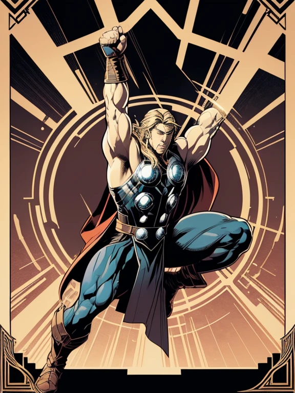 mid-shot, (cel-shading style:1.3), Centered image, Ultra-detailed illustration of Thor in Marvel, Posing, (Tetradic color), Ink puncture, (Incline:1.1), strong contours, Art by Alphonse Mucha, Trace in bold, no-frame, High contrast, (Cell shade:1.1), vector, 32K resolution, Best Quality, flat-colors, flat light (Chris Hemsworth(Thor)).