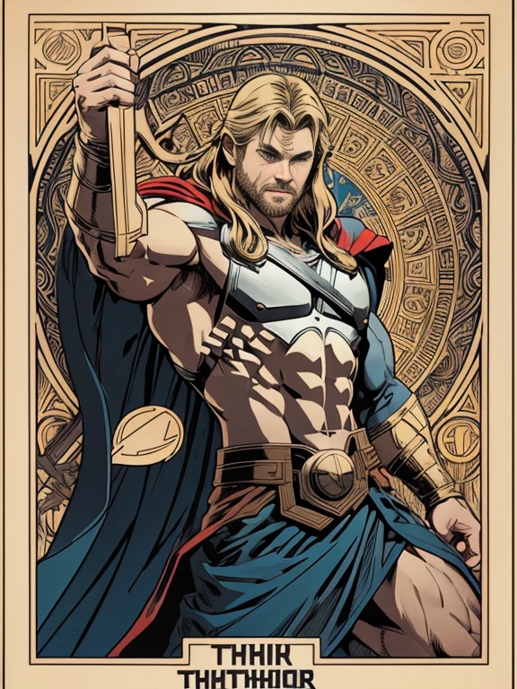 mid-shot, (cel-shading style:1.3), Centered image, Ultra-detailed illustration of Thor in Marvel, Posing, (Tetradic color), Ink puncture, (Incline:1.1), strong contours, Art by Alphonse Mucha, Trace in bold, no-frame, High contrast, (Cell shade:1.1), vector, 32K resolution, Best Quality, flat-colors, flat light (Chris Hemsworth(Thor)).