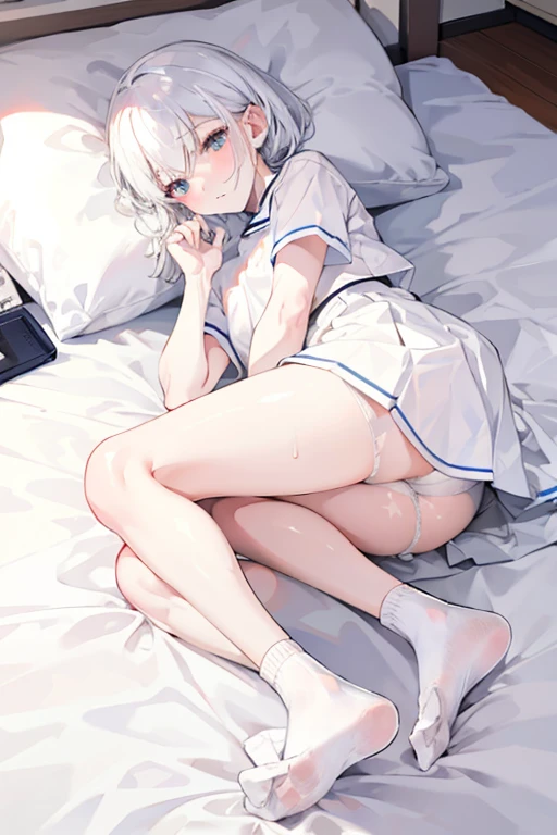 white color hair,Pure white skirt,Lie down in bed,Lots of sweat,Lots of sweat,Lots of sweat,Lots of sweat,Lots of sweat,Wear socks,White stockinghale the heat