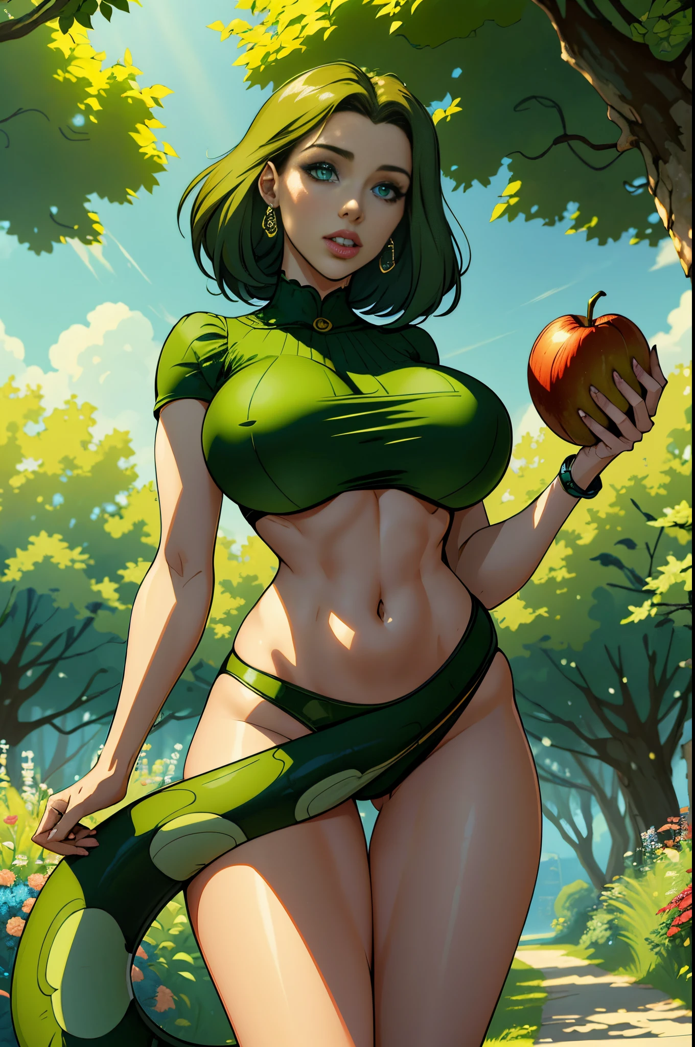 "(meilleur qualité,Haute résolution),fille animée aux cheveux verts,avec des yeux et des lèvres détaillés,Tenir une pomme,enveloppé dans un serpent vert,debout dans un jardin luxuriant,sous la douce lumière du soleil,créer une atmosphère vibrante et magique,représenté dans un style d'Illustration numérique,avec des couleurs vives et une mise au point nette"