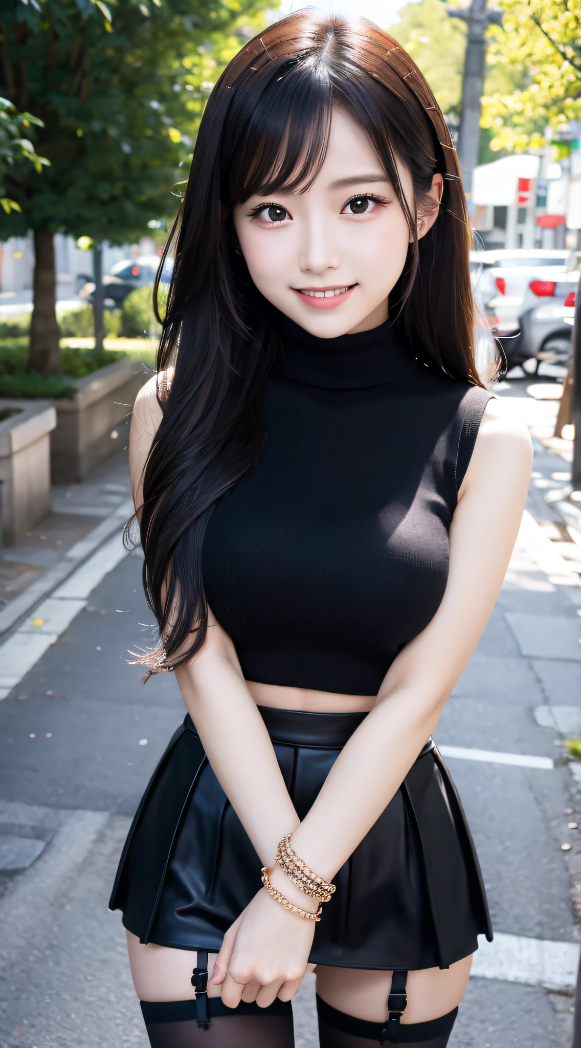 1girl in, 24 year old,（11 head body:2.0）,（beauty legs:2.0),(Refreshing smile:1.2),(Look at viewers:1.1）,straight haired, Long hair, （hide one's hands:2.0） 、(Large bracelet:1.2)、High neck sleeveless knit, （Black tight skirt:1.5）,（Black stockings）, (a japanese girl, hposing Gravure Idol), 、(Street Trees:1.2), 135 mm, Fuji Film,