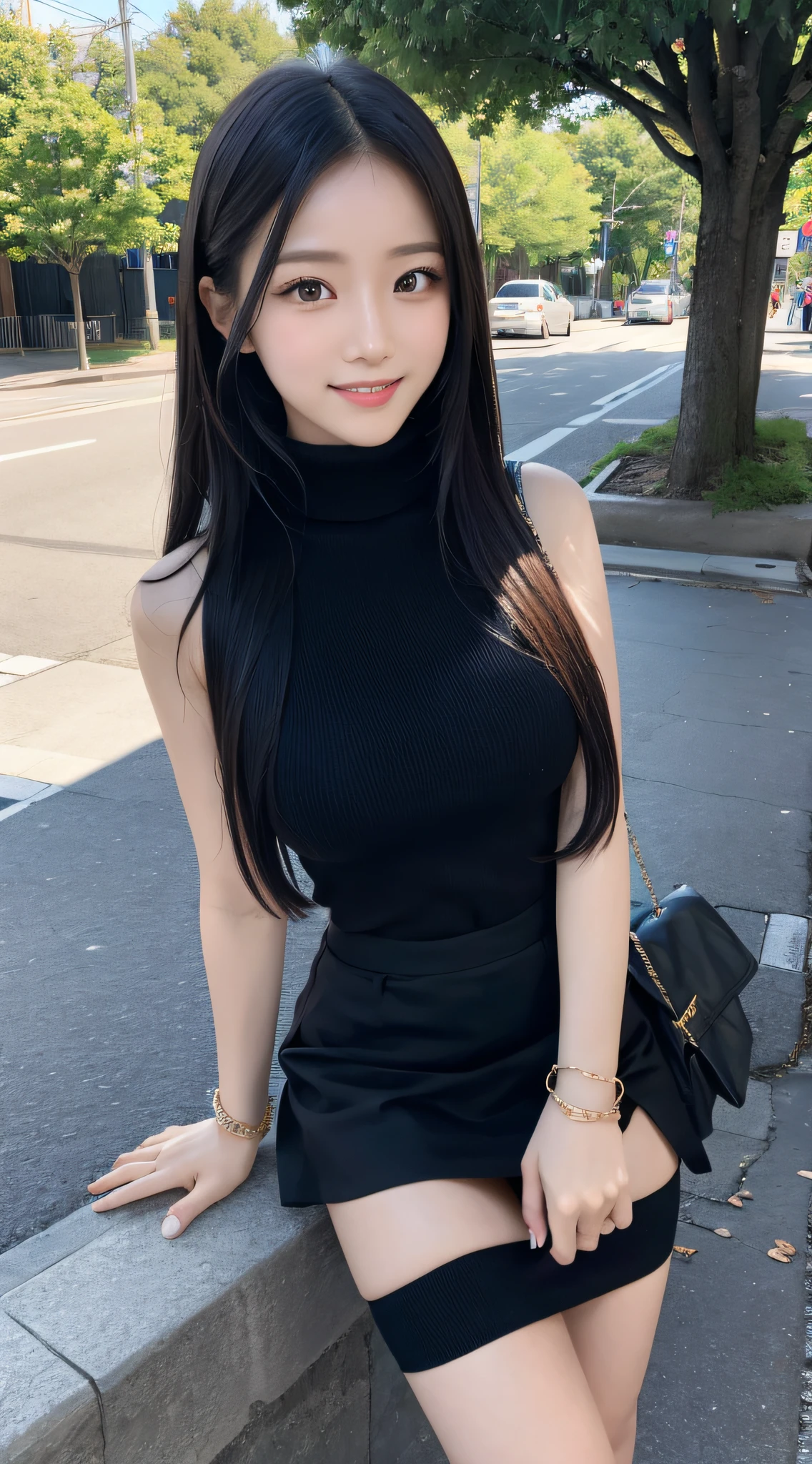 1girl in, 24 year old,（11 head body:2.0）,（beauty legs:2.0),(Refreshing smile:1.2),(Look at viewers:1.1）,straight haired, Long hair, （hide one's hands:2.0） 、(Large bracelet:1.2)、High neck sleeveless knit, （Black tight skirt:1.5）,（Black stockings）, (a japanese girl, hposing Gravure Idol), 、(Street Trees:1.2), 135 mm, Fuji Film,