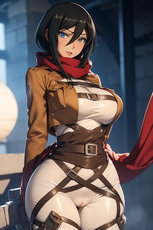 Mikasa Ackerman from attack on titans (Naked ass Code Geass, 1girl) balck  hair, puffy lips, painted lips, thick lips, wide hips, thick thighs, breast, huge ass,  cleavage, smile face, bubble butt, camel toe, Breasts, (naked) ,  blue eye, perfect body