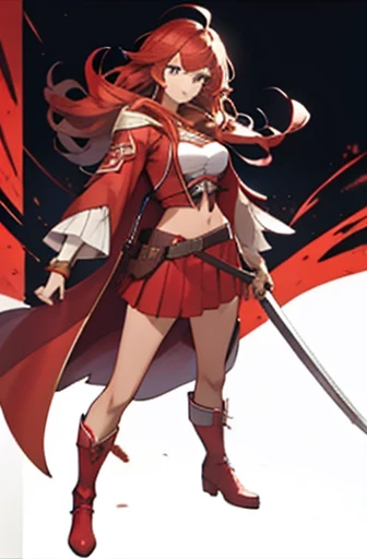 girl in red bikini, red cloak, red boots, red hood, long hair, samurai sword, red skirt